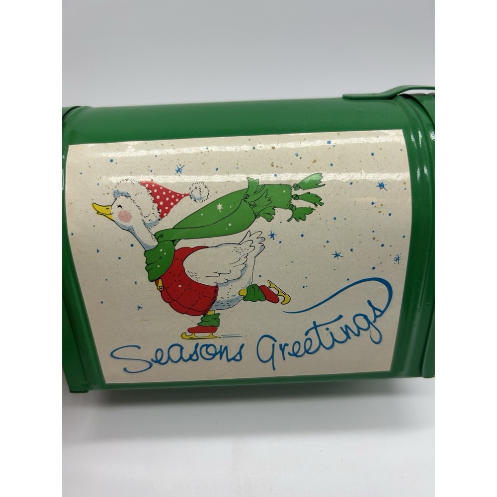 Vintage Giftco Green Country Christmas Goose Tin Mailbox Seasons Greetings